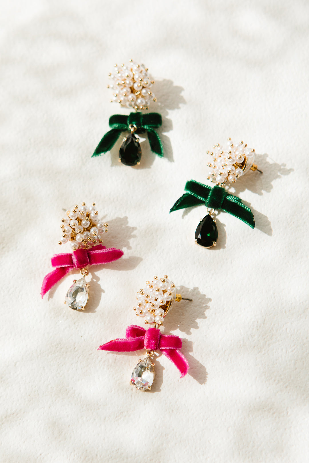 Velvet Bow and Pearl Drop Earrings in Emerald