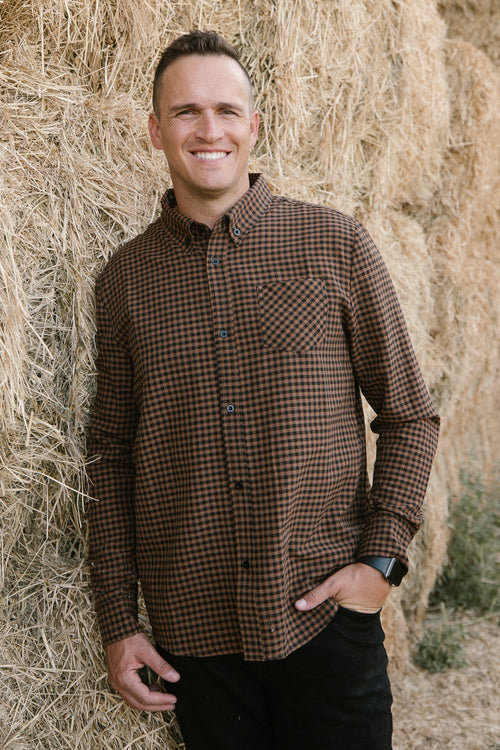 Mens John Shirt in Maple Brown Gingham - FINAL SALE