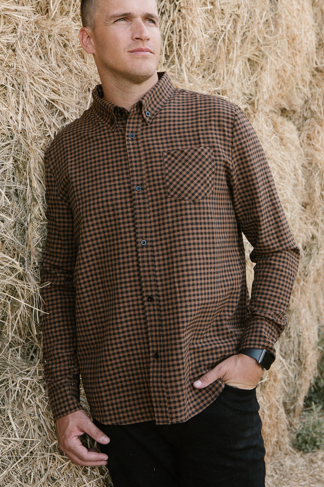 Mens John Shirt in Maple Brown Gingham - FINAL SALE