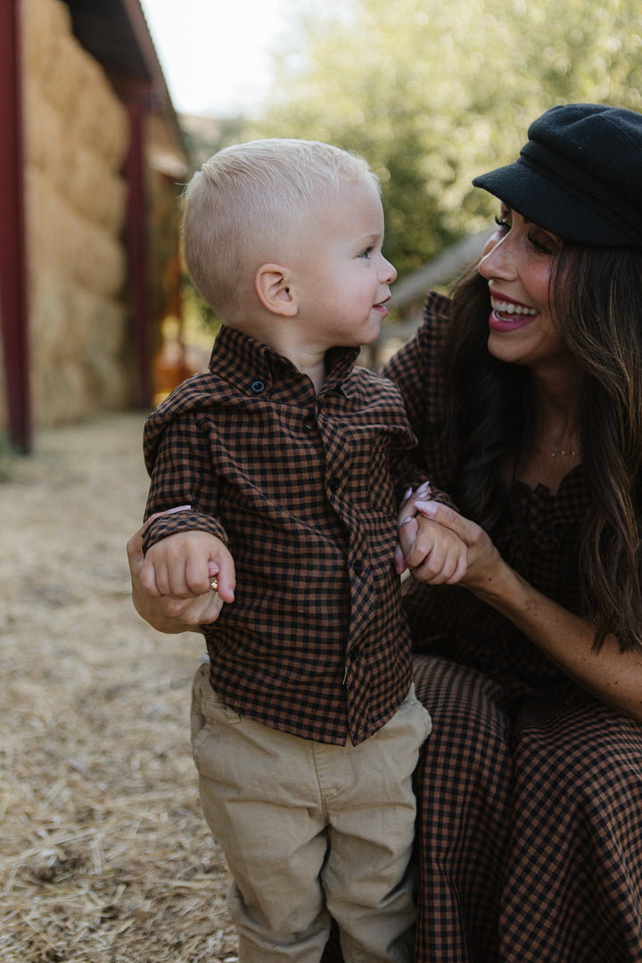 Boys John Shirt in Maple Brown Gingham - FINAL SALE