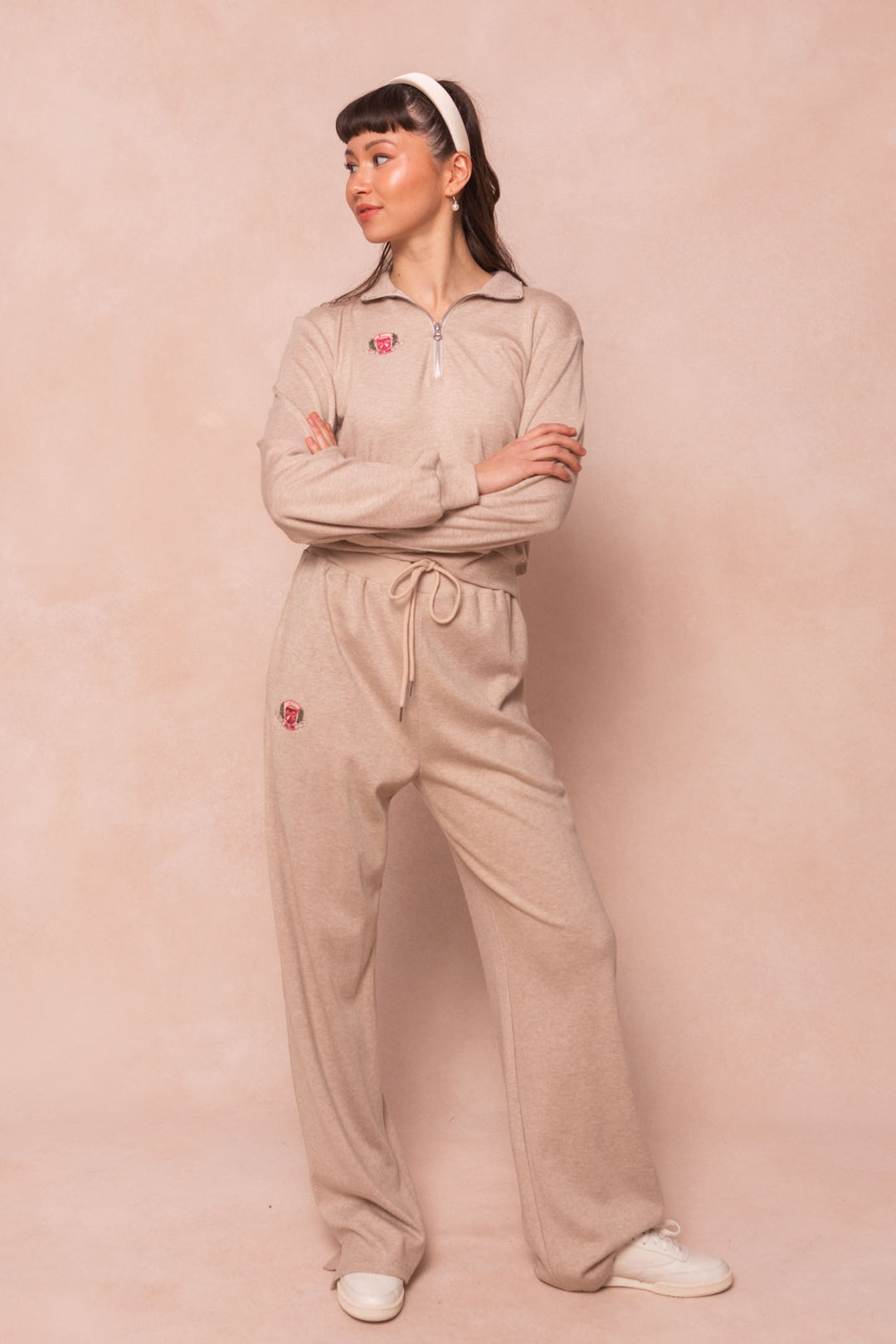 Ivy Wide Leg Embroidered Sweatpants in Oatmeal