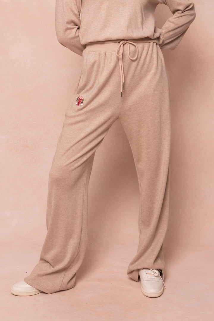 Ivy Wide Leg Embroidered Sweatpants in Oatmeal