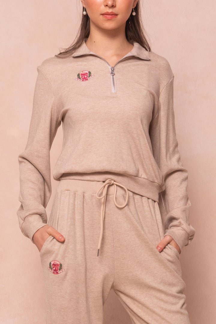 Ivy Half Zip Pullover Embroidered Sweatshirt in Oatmeal