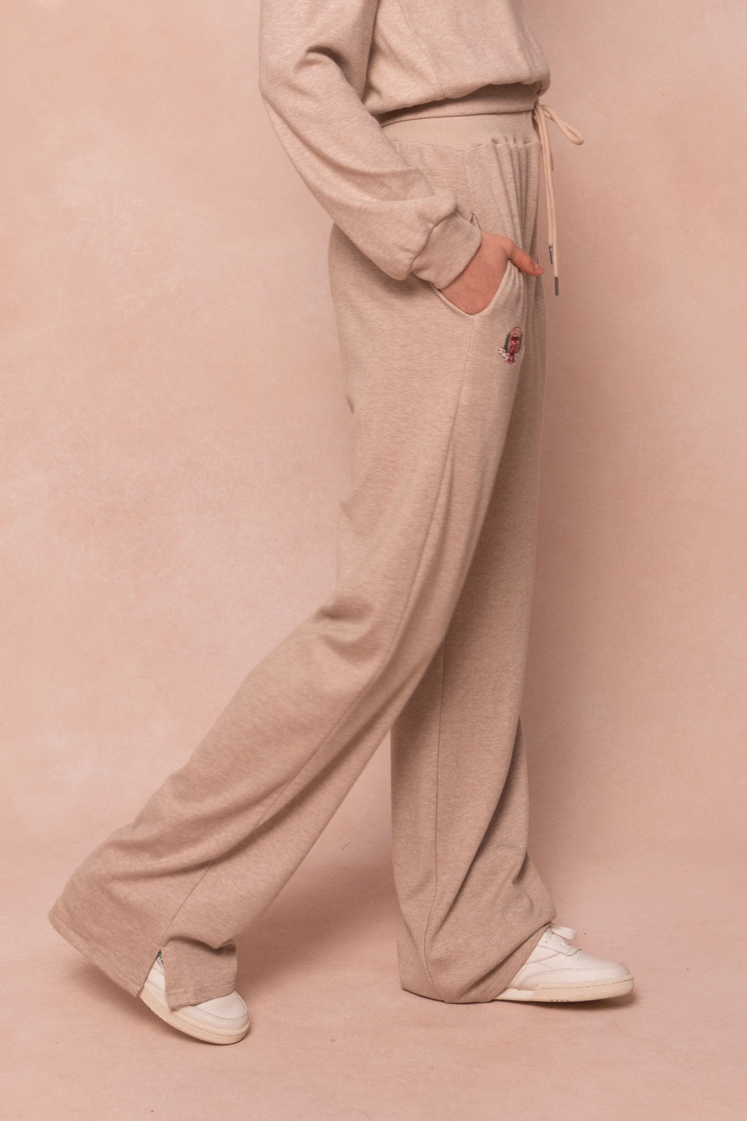 Ivy Wide Leg Embroidered Sweatpants in Oatmeal