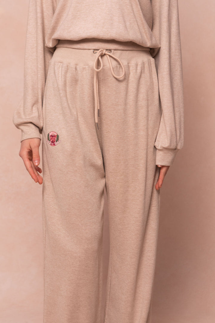 Ivy Wide Leg Embroidered Sweatpants in Oatmeal