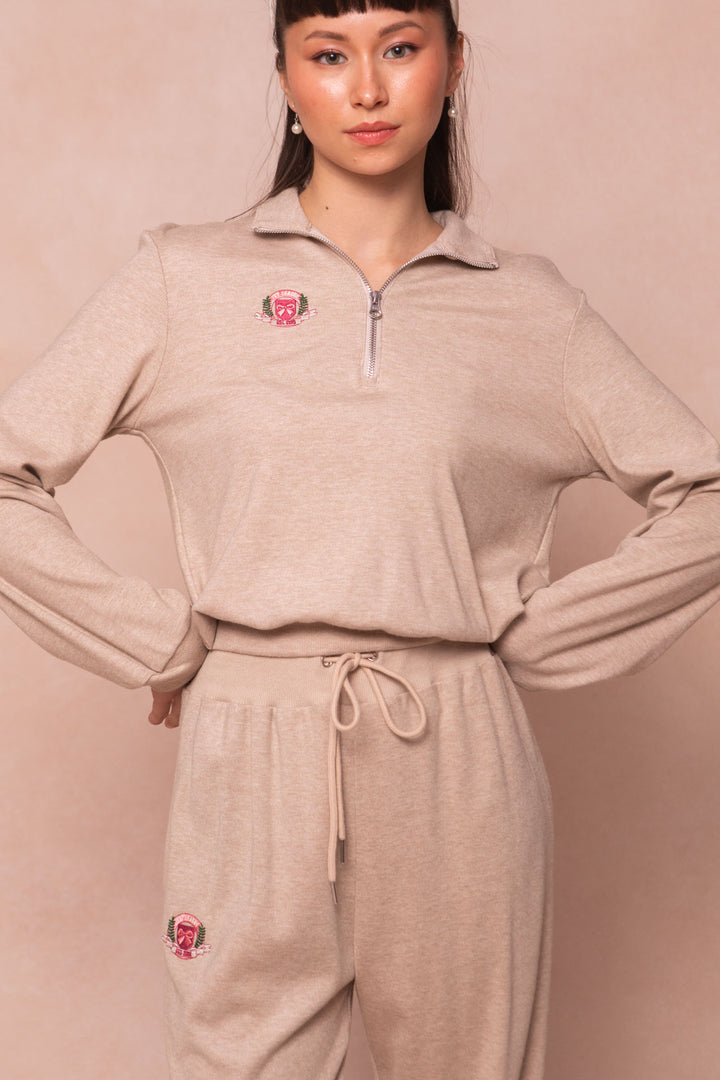 Ivy Half Zip Pullover Embroidered Sweatshirt in Oatmeal