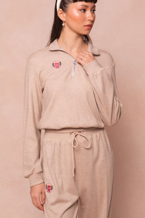 Ivy Half Zip Pullover Embroidered Sweatshirt in Oatmeal