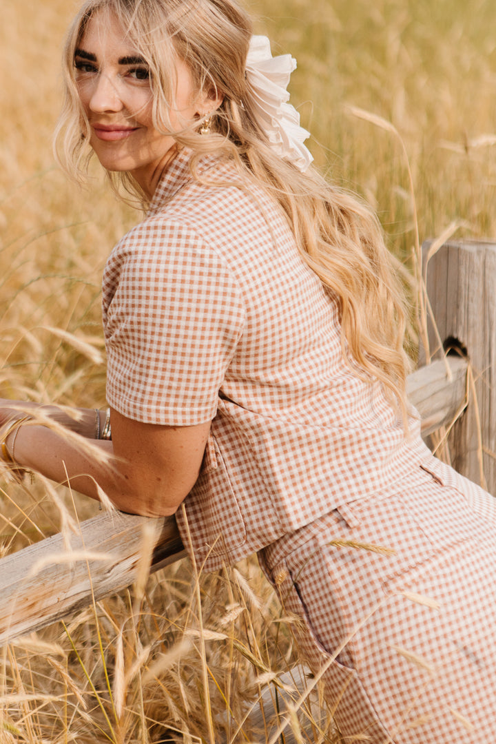 Drew Blouse in Tan Gingham - FINAL SALE