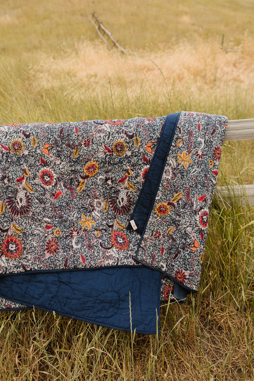 Reversible Blanket in Roselyn Navy Floral - FINAL SALE