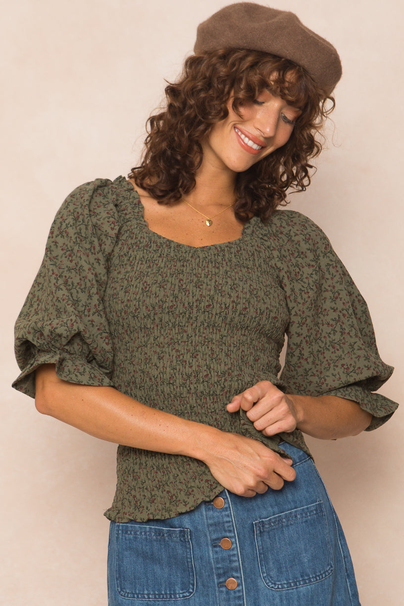 Teagan Top in Green Floral - FINAL SALE