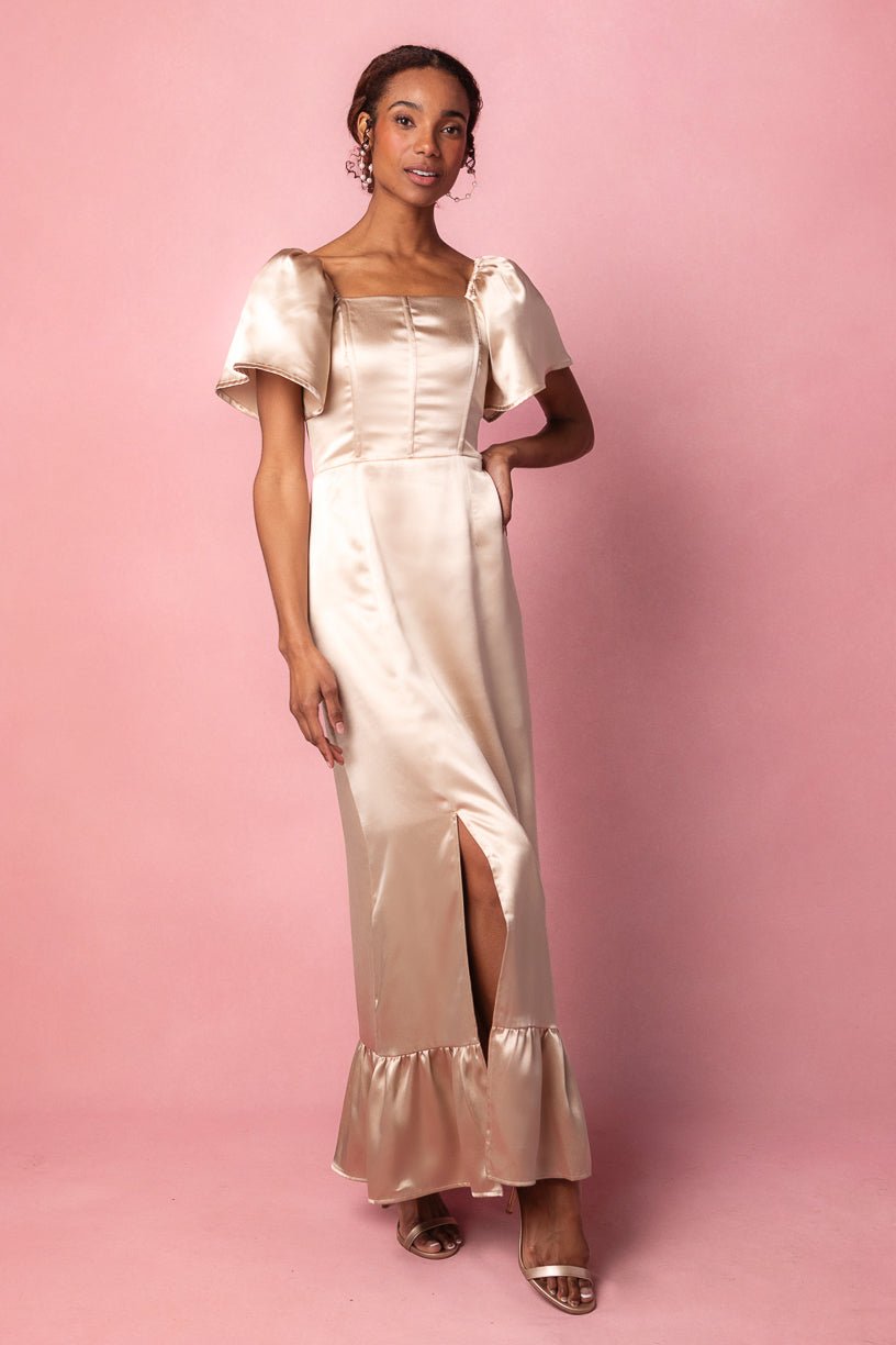 Maddie Dress in Champagne Satin-Adult